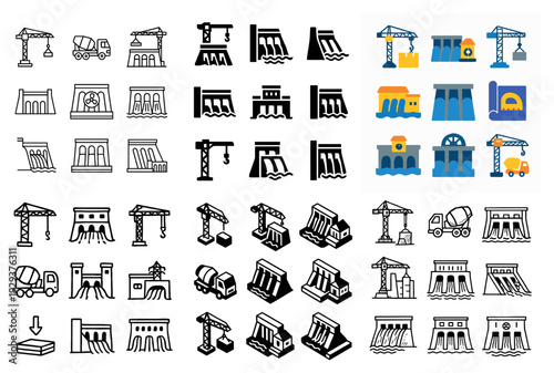 Construction cranes and dam industry icons