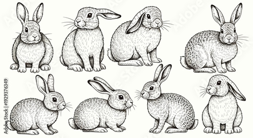 Принти на полотні Detailed ink drawing of various rabbits in different poses