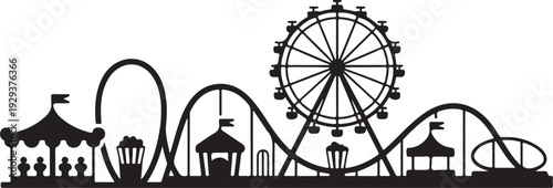 Black silhouette amusement park with ferris wheel and roller coaster