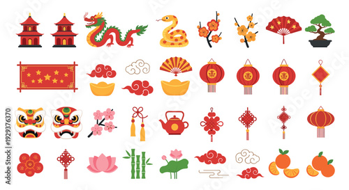 Chinese New Year Traditional Symbols and Decorations Vector Set