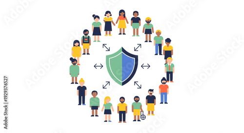 Diverse Community Protection Shield Icon: People Circle Representing Data Security, Safety, Privacy, and Inclusive Group Responsibility.