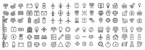 Renewable energy and solar power icons display.