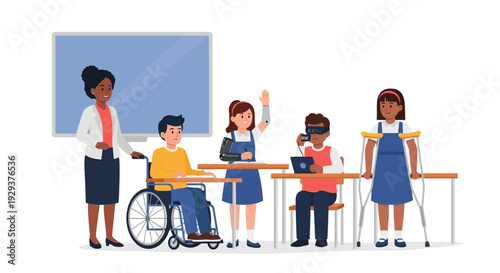 Diverse Students with Disabilities Learning in an Inclusive Classroom with Teacher, Showcasing Adaptive Education and Assistive Technology