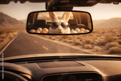 Bunny in Sunglasses Driving Car with Easter Eggs in Rearview Mirror