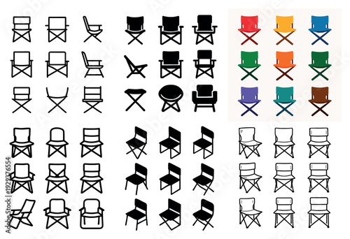 Assorted folding and director chairs icons display.