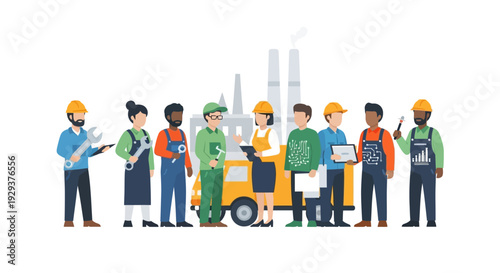 Diverse Industrial & Technical Workforce: Engineers, Technicians, and Skilled Factory Workers Collaborating in Modern Manufacturing
