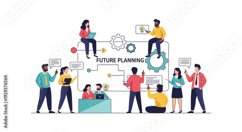 Diverse Business Team Collaborating on Future Planning, Strategic Development, Innovation, and Problem Solving Diagram