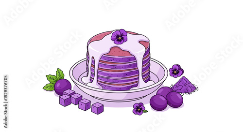 Purple ube pancakes with cream and fresh edible flowers