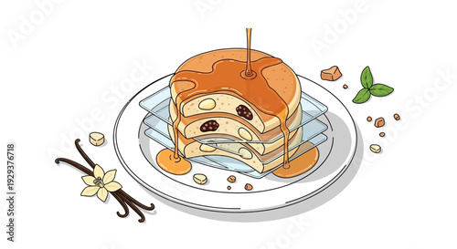 Stack of mochi  pancakes with caramel syrup and vanilla beans