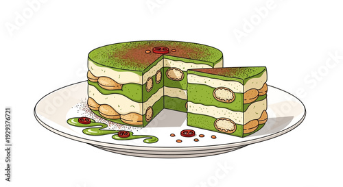 Green tea tiramisu cake slice with matcha powder on plate