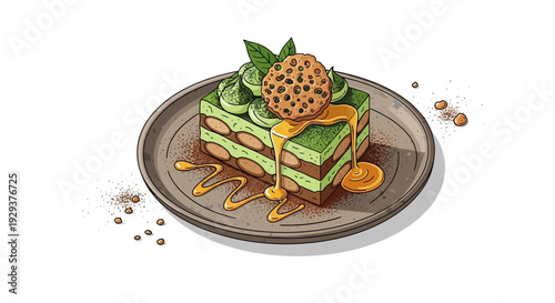 Matcha tiramisu bar with chocolate cookie and caramel sauce