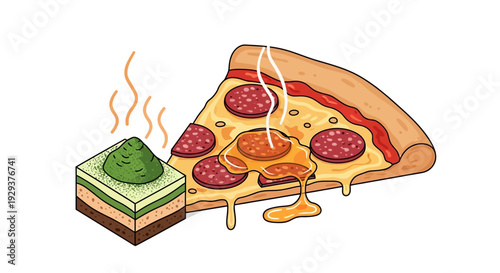 Pepperoni pizza slice with dripping sauce and layered matcha dessert