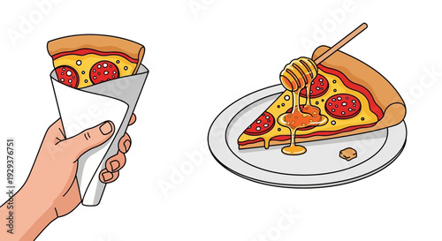 Hand holding wrapped pizza slice with honey pizza on plate