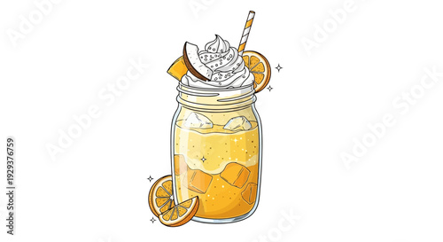 Iced mango coconut milk smoothie drink in a mason jar with whipped cream and fruit