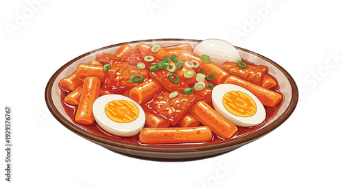 Hot korean tteokbokki with eggs and scallions in a bowl
