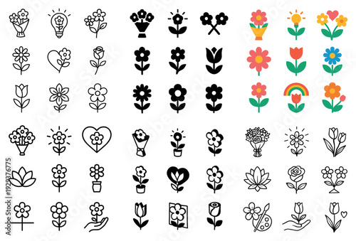 Floral and flower icons in varied styles