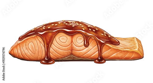 Cooked miso glazed salmon fillet with savory sauce and sesame seeds