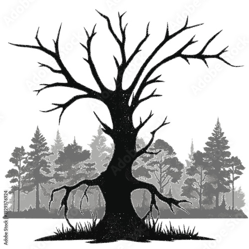 Minimalist Silhouette of a Gnarled Tree Against a Monochromatic Forest Landscape