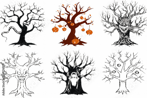 Spooky Halloween Haunted Tree Illustration Set with Pumpkins and Ghosts