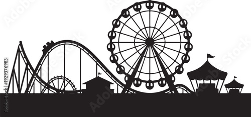 Black silhouette amusement park with ferris wheel and roller coaster