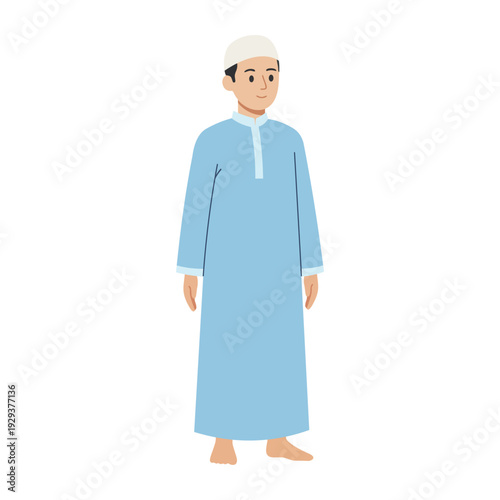 Muslim man standing in blue koko shirt and white skullcap flat vector