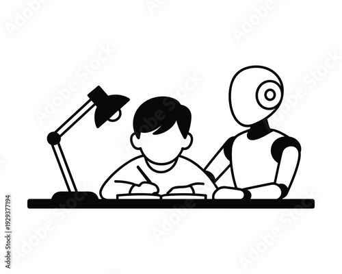 Child studying at a desk with a robot assistant providing support and guidance