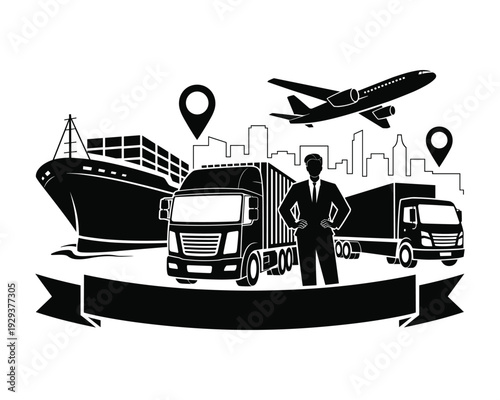 Diverse transportation methods including a cargo ship trucks and airplane are depicted with a businessman and city skyline