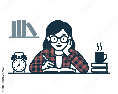 Illustration of a young woman wearing glasses reading a book with a hot beverage and alarm clock nearby