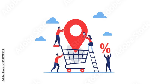 Shopping Cart Location Pin Icon and People Representing Online Shopping and Sales Promotions with Percentage Discount