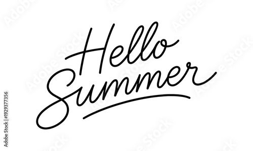 Clean modern monoline hand lettering of the phrase: Hello Summer . Smooth single line strokes rounded ends subtle right slant and kerning high readability vector like crisp edges black ink