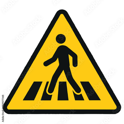 Yellow triangular pedestrian crossing warning sign, a crucial traffic safety symbol for road awareness and caution, isolated on a clean white background.
