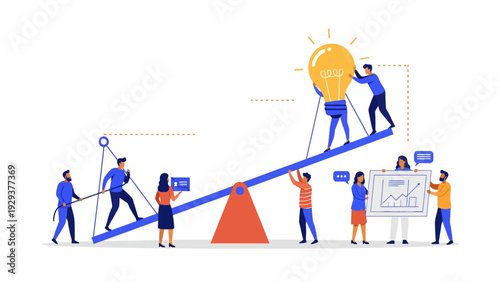 Teamwork and innovation concept people on a seesaw lifting a light bulb and a graph, symbolizing collaboration and idea generation