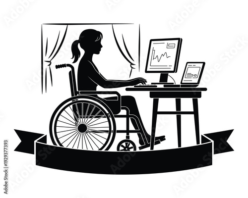 Silhouette of a woman in a wheelchair working on a computer at a desk with a laptop