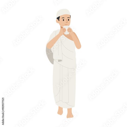 Muslim pilgrim in ihram drinking zamzam water from glass flat vector