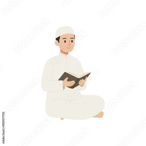 Muslim man sitting reading Al Quran or holy book flat vector illustration