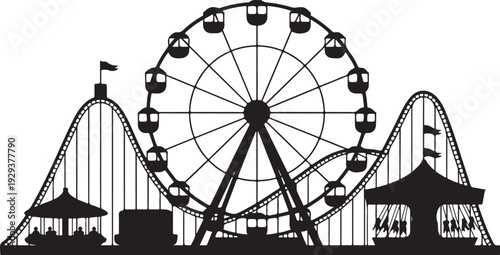 Black silhouette amusement park with ferris wheel and roller coasters