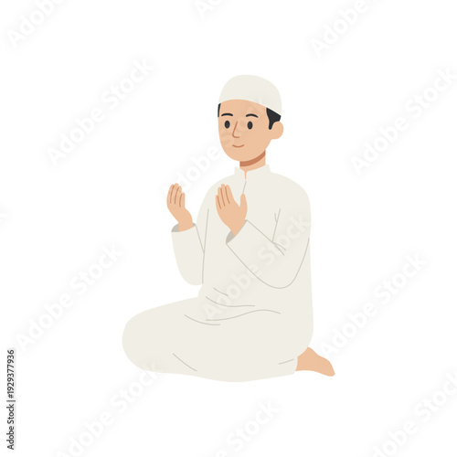 Muslim man sitting and praying with open hands for dua flat vector