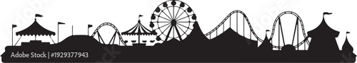 Black silhouette amusement park with ferris wheel and roller coasters