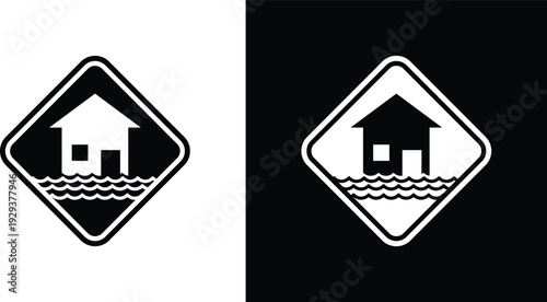 Flood disaster sign pack in black and white colors