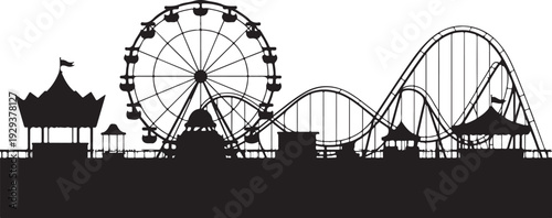 Black silhouette amusement park with ferris wheel and rollercoaster
