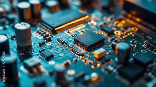 A close-up photograph of a printed circuit board (PCB) with illuminated LEDs and various electronic components. The image captures the intricate details and complexity of modern electronics.