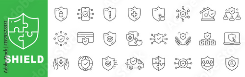 Shield security line icon set featuring cybersecurity, encryption, firewall, authentication, healthcare protection and editable stroke outline symbols.