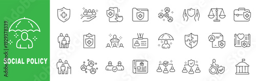 Social policy line icon set featuring healthcare, welfare, community support, government protection and editable stroke outline symbols.