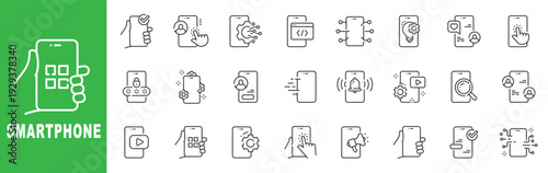 Smartphone line icon set featuring mobile apps, touchscreen interaction, notifications, security, development and editable stroke outline symbols.