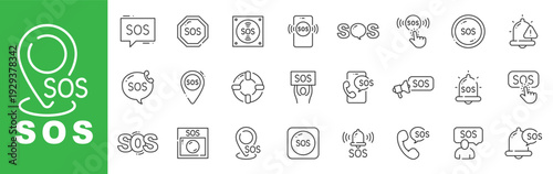 SOS emergency line icon set featuring alert buttons, sirens, hotline calls, rescue signals and editable stroke outline symbols.