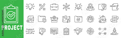 Project management line icon set featuring planning, workflow, checklist, gears, startup launch and editable stroke outline business symbols.