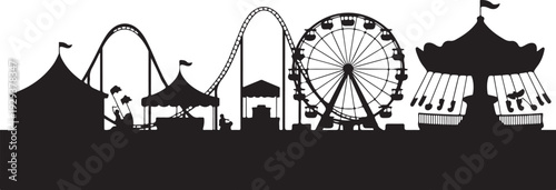 Black silhouette amusement park with ferris wheel and rollercoaster