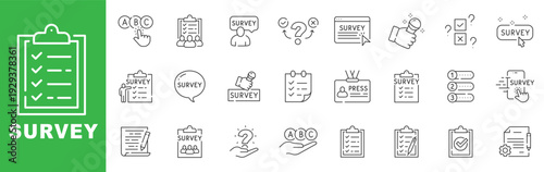 Survey line icon set featuring questionnaire forms, feedback polls, checklists, ratings and editable stroke outline symbols.