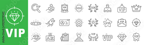 VIP premium line icon set featuring exclusive membership, crown, diamond, award badges and editable stroke outline symbols.