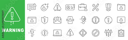 Warning line icon set featuring alert messages, danger symbols, security shields, system notifications and editable stroke outline icons.